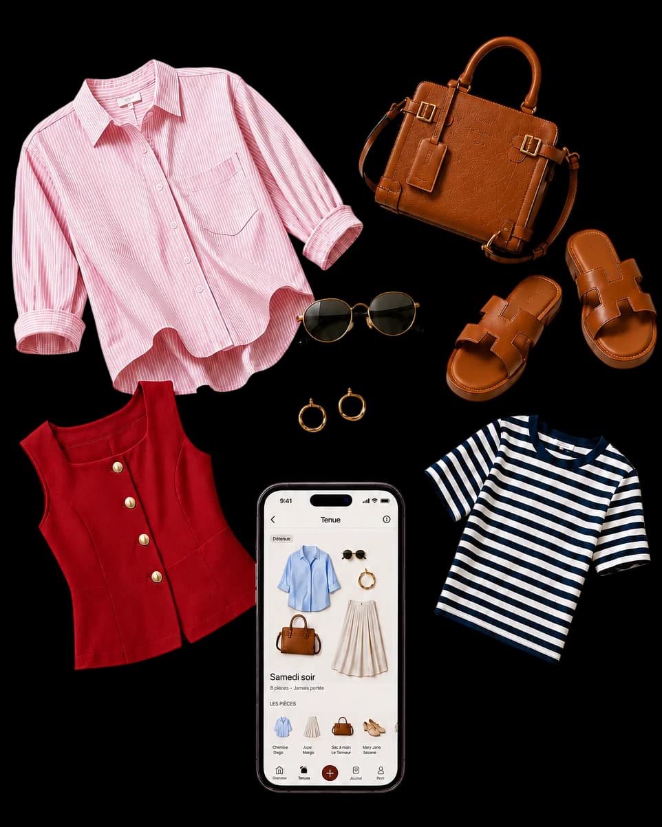 Mes vêtements disposés autour de mon téléphone qui affiche une tenue composée par Weardly