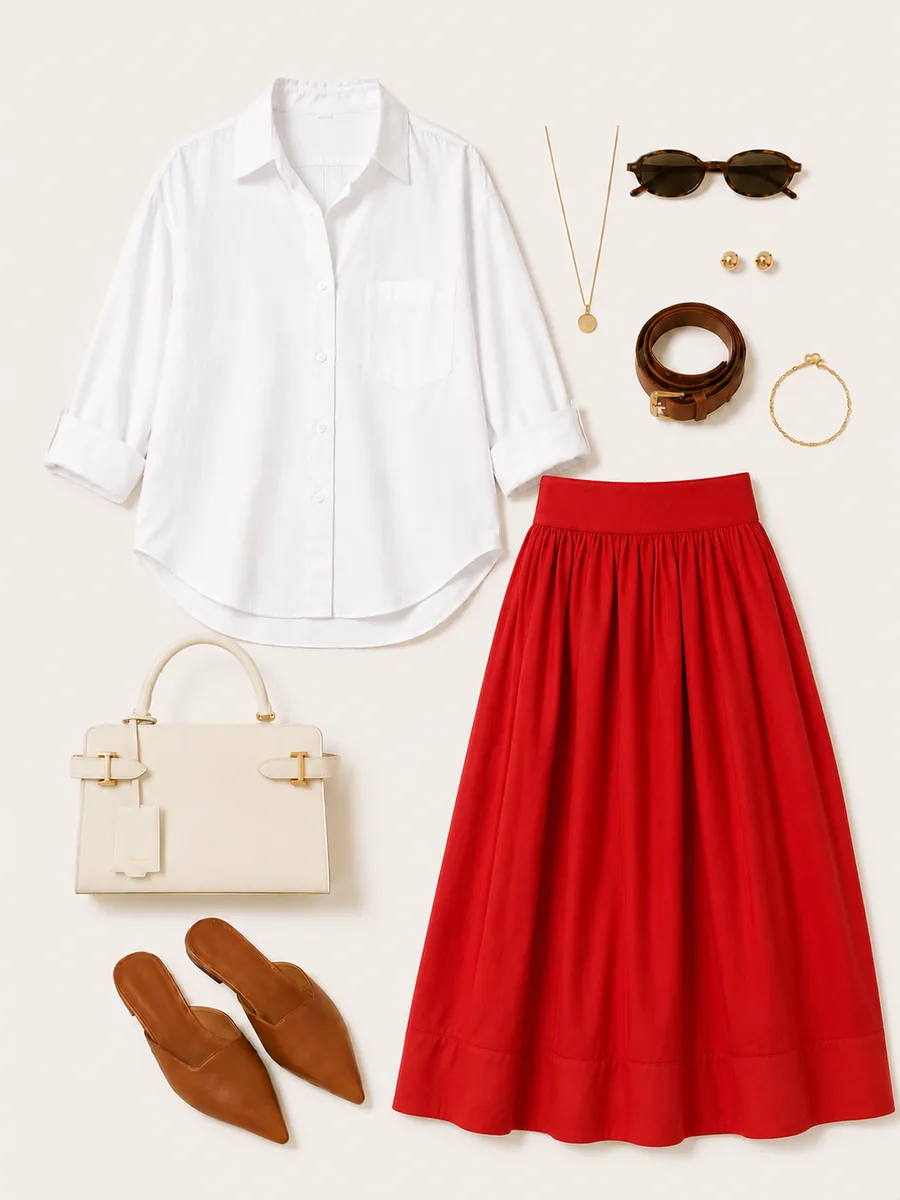Tenue composée : chemise blanche, jupe rouge midi, mules camel et accessoires dorés
