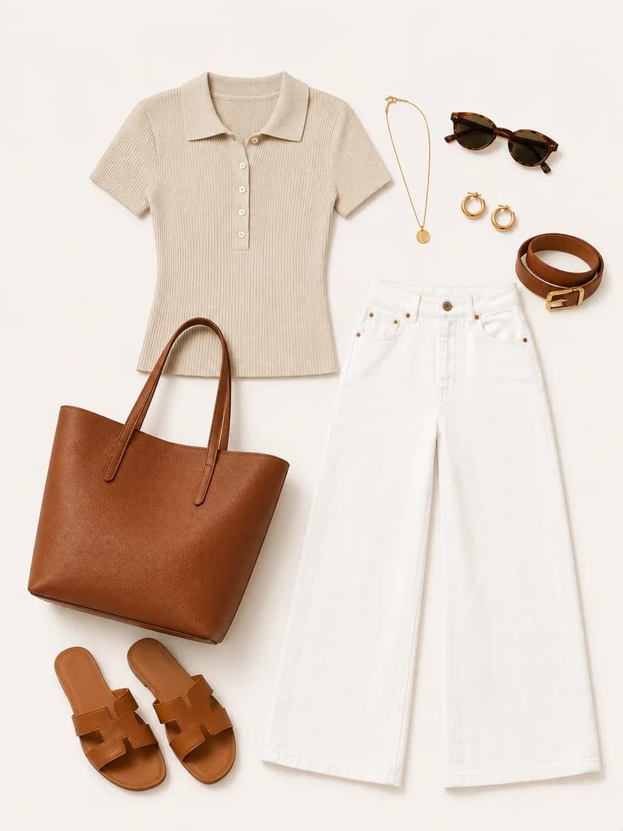 Tenue de demain : polo beige, jean large blanc, cabas camel et sandales